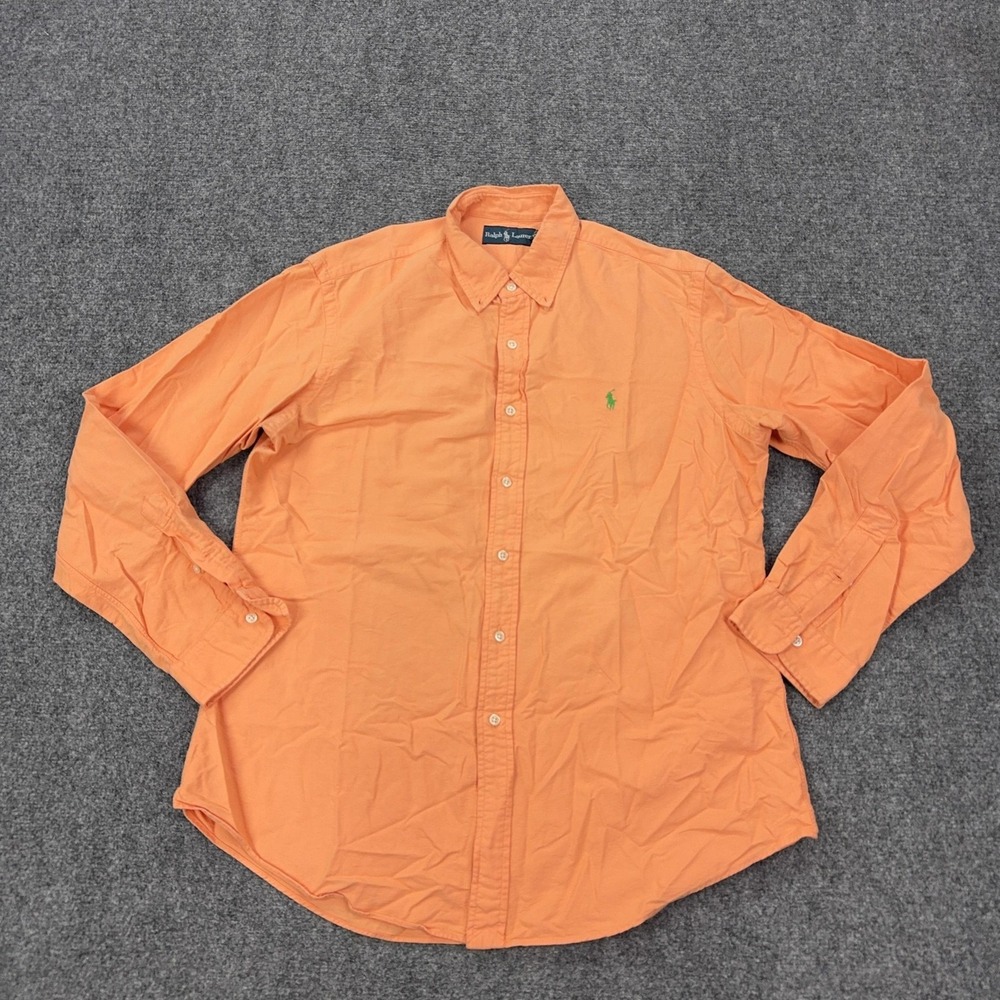 Vintage Ralph Lauren Shirt Mens L Orange Solid Cotton Long Sleeve Button Front